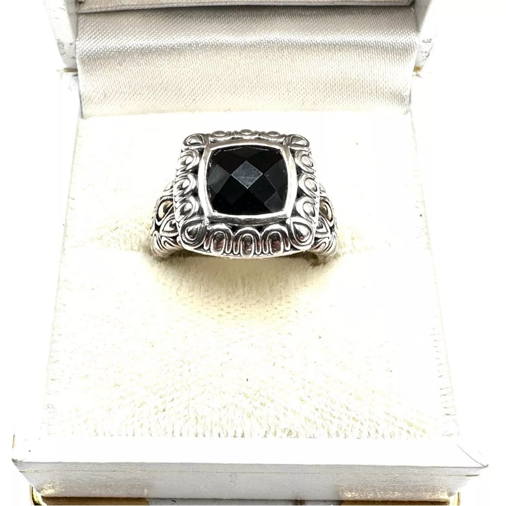 John Hardy 925 Sterling Silver Ring/14K Gold with Onyx Faceted Stone.